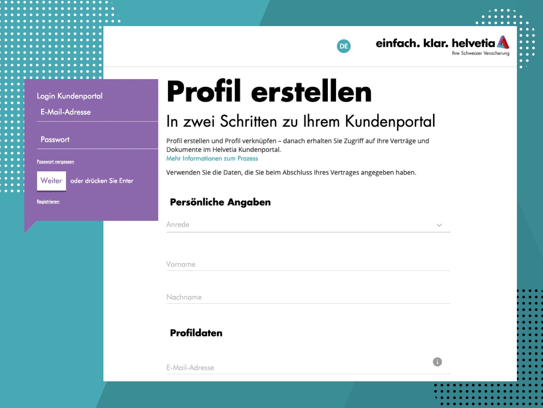 Online Maske zur Profilerstellung bei Helvetia.